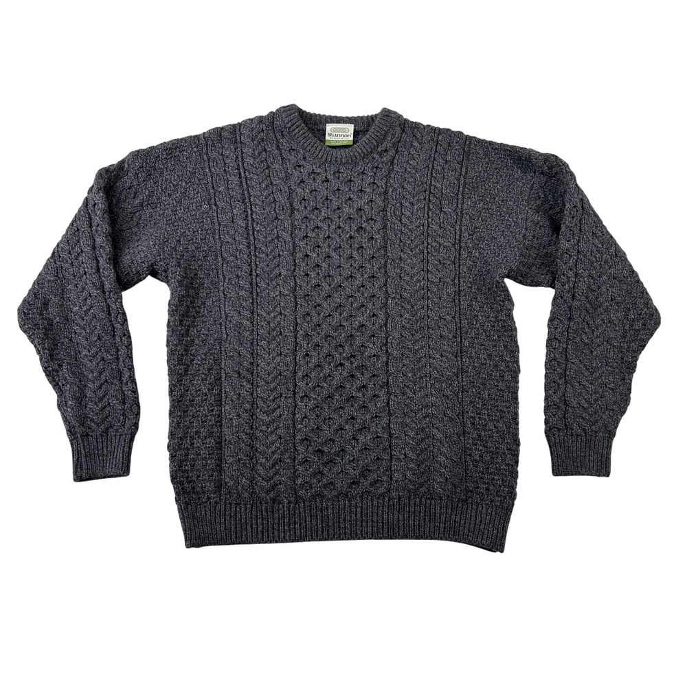 Shannon Woolen Mills Sweater Mens L Ireland Merino Wool Aran Cable Knit Gray